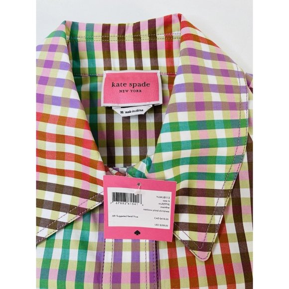 New Kate Spade Rainbow Plaid Button Belted Shirt Dress - Picture 2 of 7